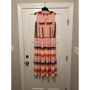 Womens Collection By Cezele Maxi Dress Size Small Pink Striped Tiered Ruffles